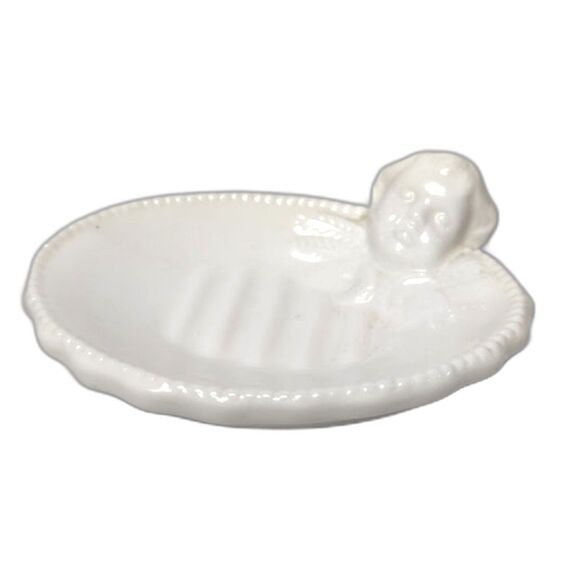 White Cherub Porcelain Soap Dish 5 Inch - Picture 1 of 4